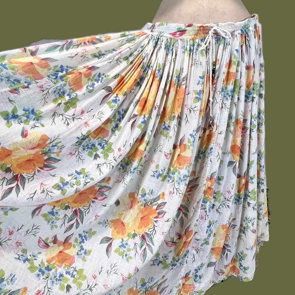 VINTAGE flower garden long maxi skirt 100% cotton drawstring‎ waist floral boho